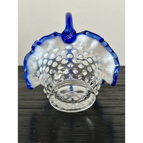 VTG Fenton Blue Opalescent Hobnail Glass Basket with Ruffled Edge New Old Stock - Picture 6 of 11